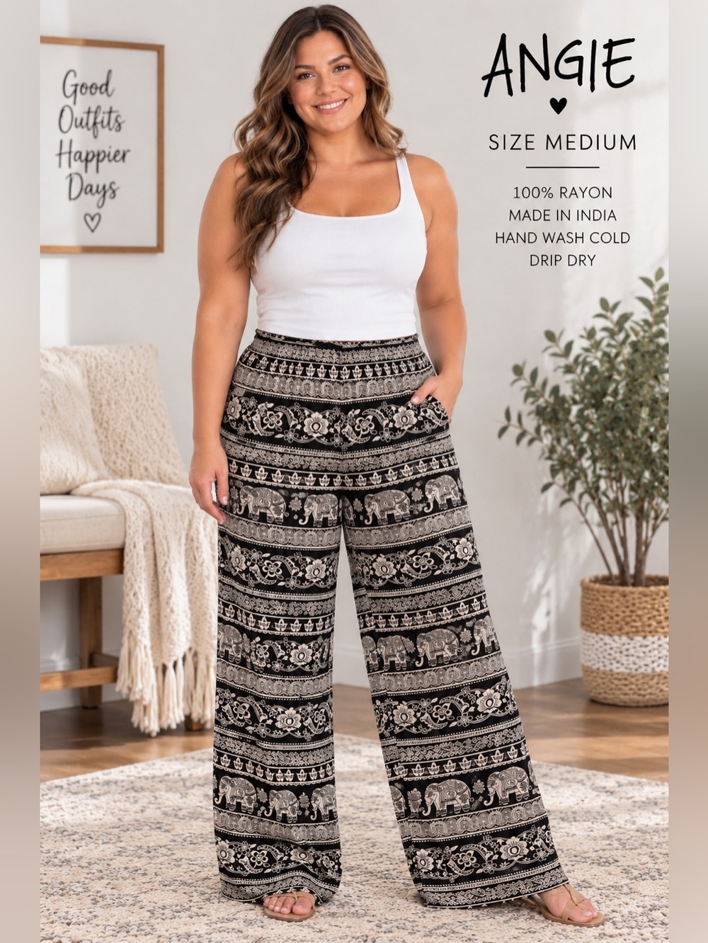 Angie Size Medium Black Elephant Print Boho Wide Leg Palazzo Pants